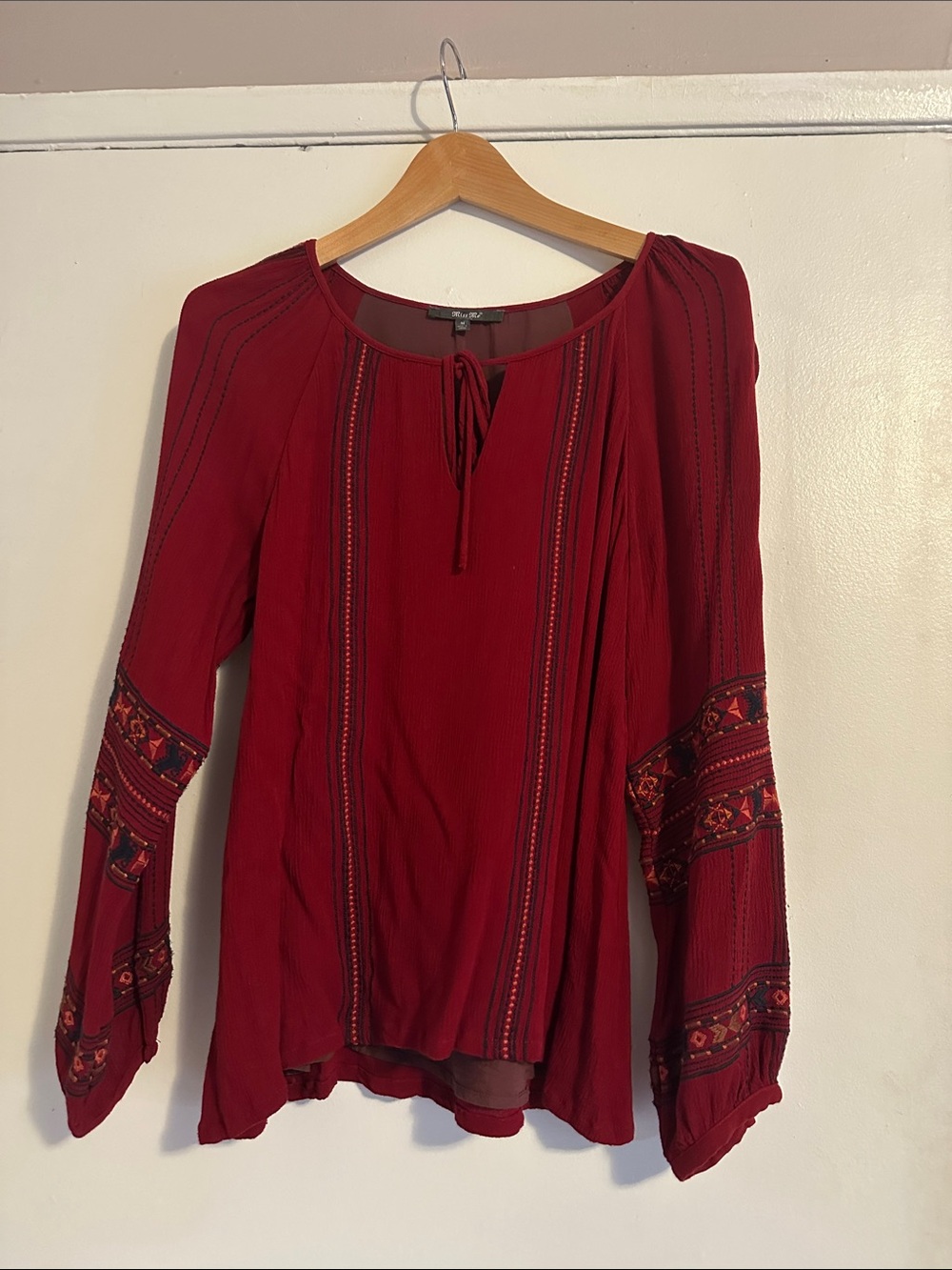 Miss Me Deep Red Embroidered Tie-Front Boho Blouse